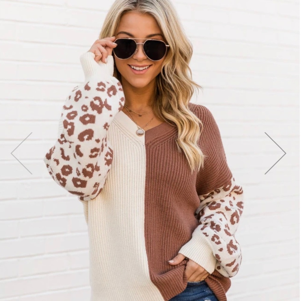 NOT OVER YET BROWN COLORBLOCK LEOPARD SWEATER